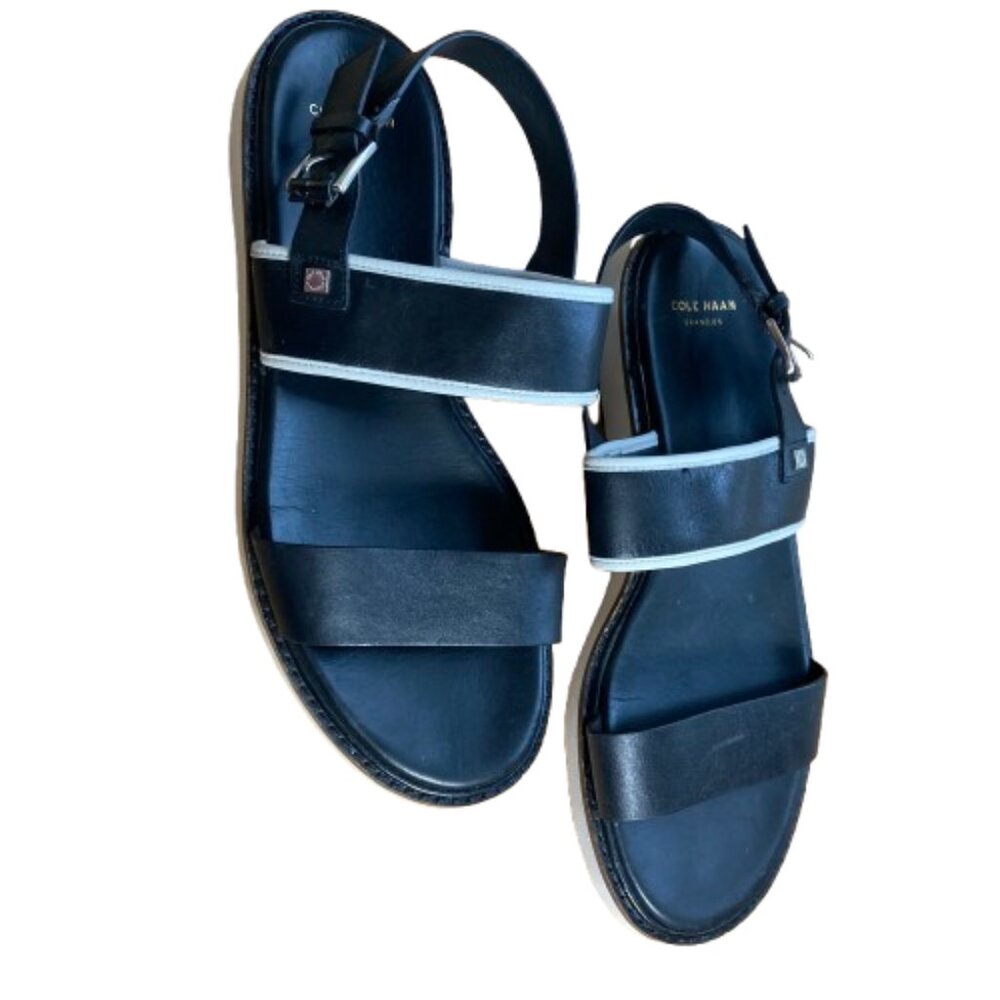 Cole Haan Black Leather Two Band Slingback Flat Sandals Contrast White Trim, 8.5 - Picture 5 of 9